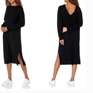 The Drop Black V-neck Back Long Sleeve Knit Sweater Midi Dress